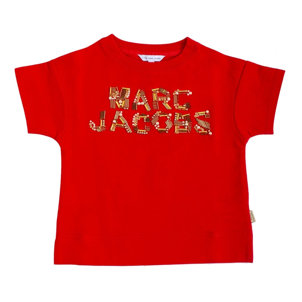 Little Marc Jacobs red and gold studded beaded logo T-shirt